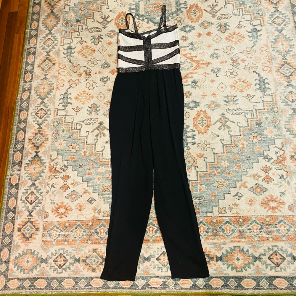 bebe Black and Cream Striped Sequin Bodice Jumpsuit - Picture 2 of 7
